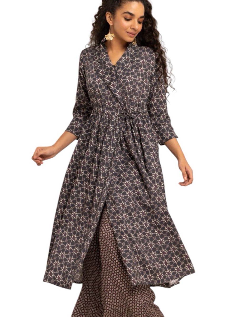 LN Khaadi Floral Printed Wrap Tie Waist A-Line Midi Dress Kurta - M